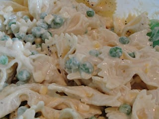 close up of bowtie pasta salad on a plate