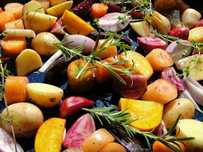 beets, carrots, potatoes and herbs