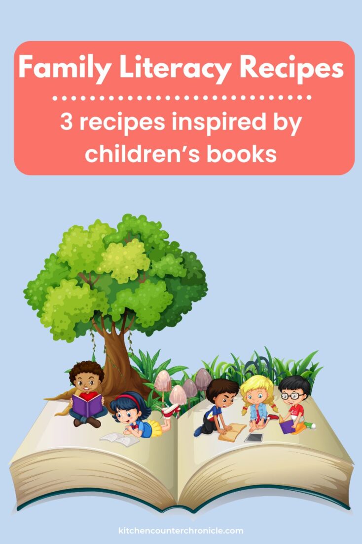 title "family literacy recipes - recipes inspired by children's books" kids reading on top of a large open book