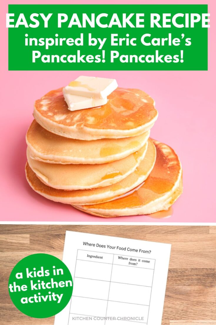 easy pancake recipe with stack of pancakes with pink background and title a kids in the kitchen activity and printable activity on bottom of image