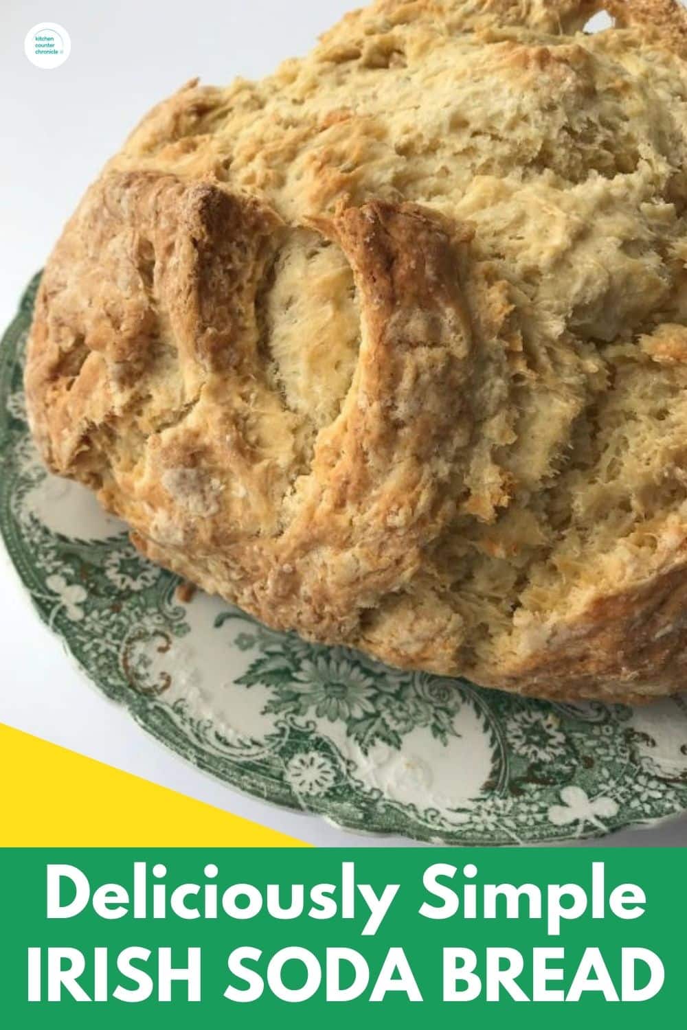 irish soda bread on green plate with title "delicoiusly simple irish soda bread"