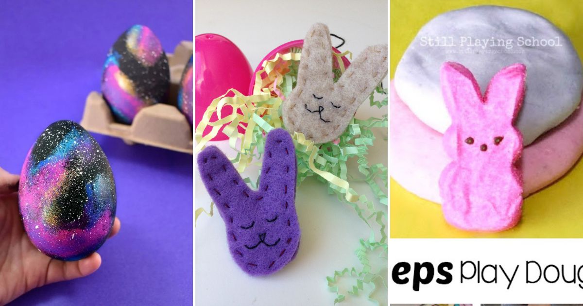 3 easter crafts for teens - galaxy easter eggs, felt easter bunny necklace and peep play dough