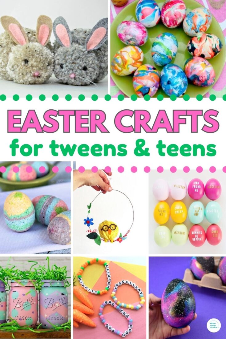 collage of easter crafts for teens to make with pom pom easter bunnies, easter eggs, and more