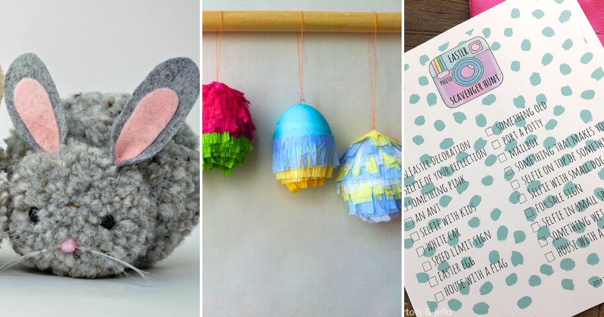 pom pom bunny craft, easter egg pinatas and easter photo scavenger hunt