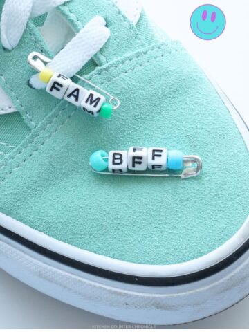 close up image of 80s inspired diy friendship pin on shoe craft