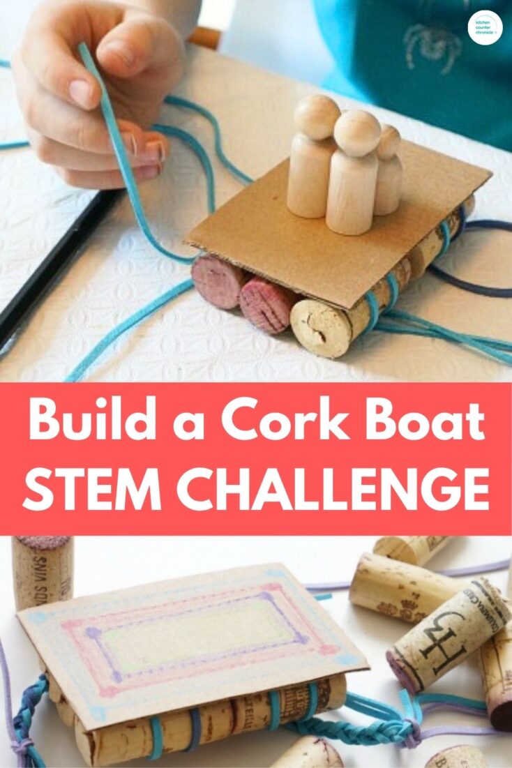 build a cork boat stem challenge title with close up of kid hands making a boat made with cork