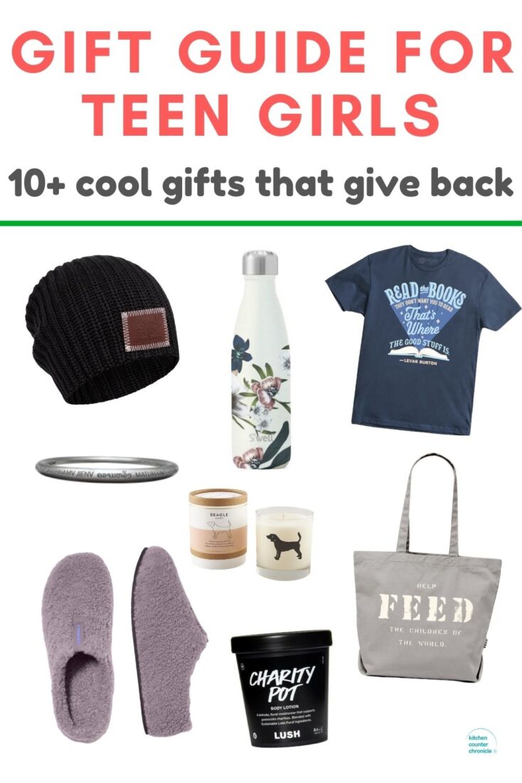 collage of gifts that give back for teen girls - slippers, jewelry, clothing and more