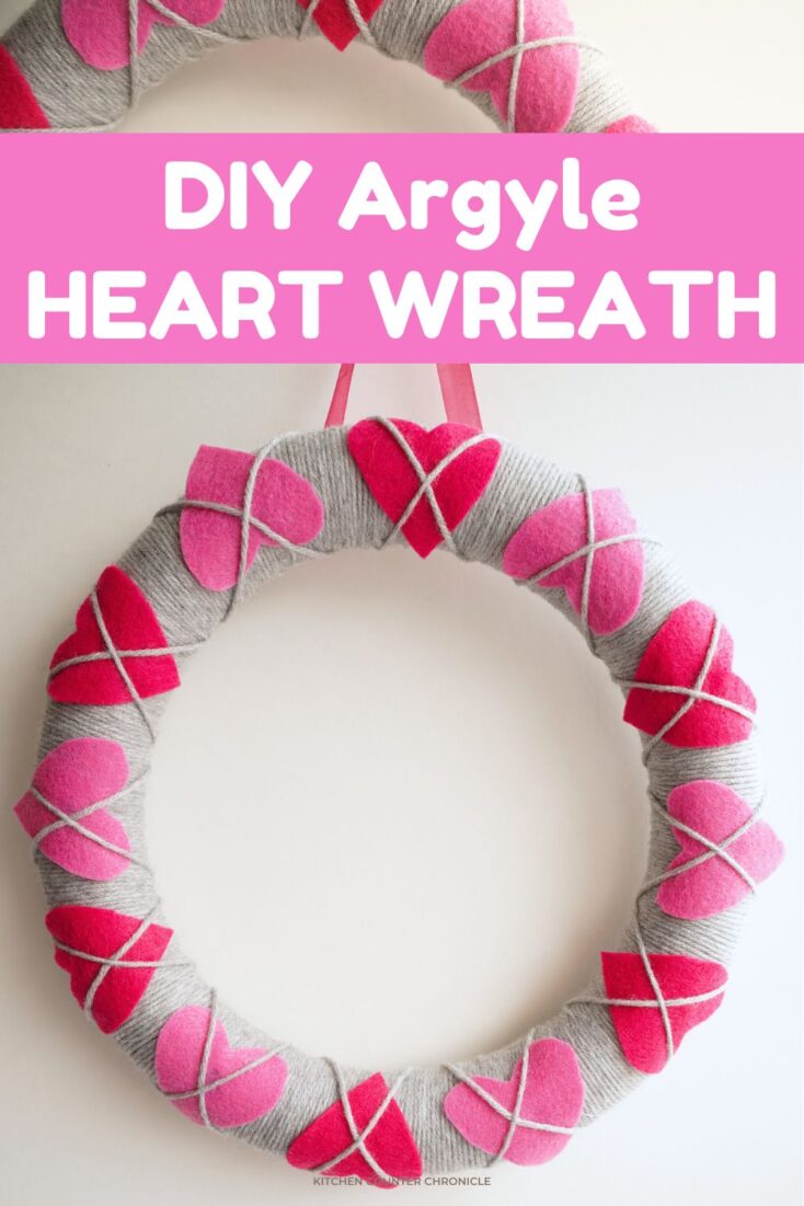 Diy argyle heart wreath with pink hearts and grey yarn