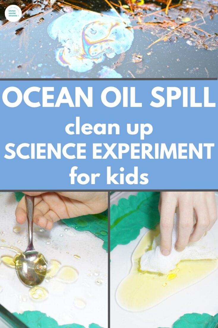 collage of images for Ocean Oil Spill Clean Up Science Experiment for Kids new pin