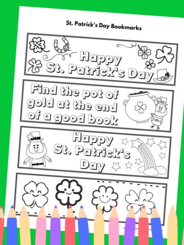 featured image of print out of st. Patrick's day bookmarks with row of pencil crayons