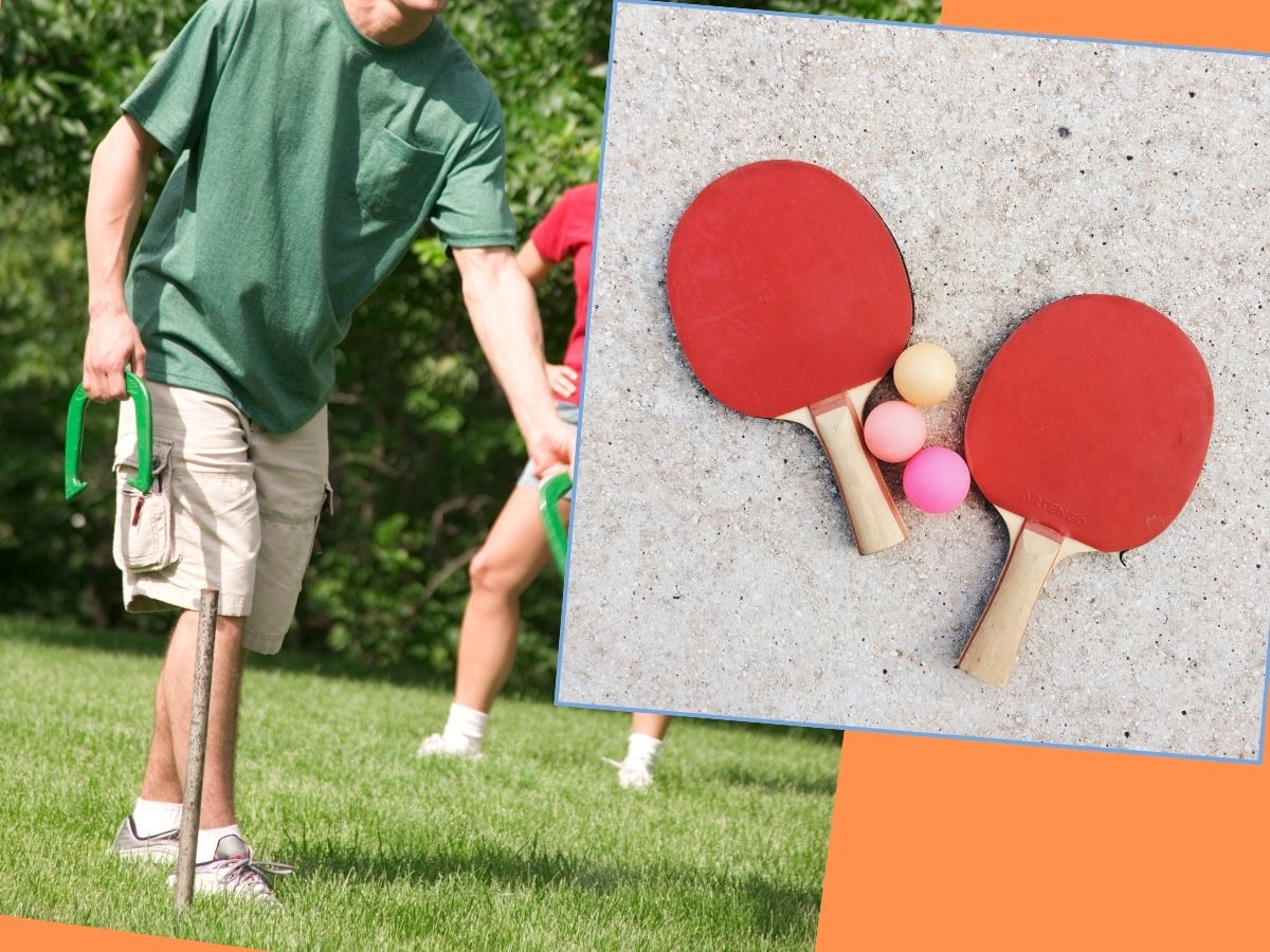 ping pong paddles and ball and image of young man playing horseshoes