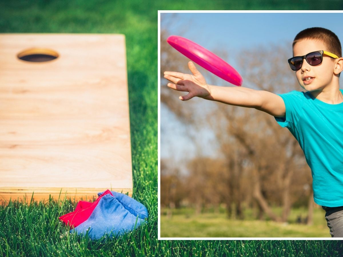 tween playing frolf and tossing frisbee and a background of corn hole game in the grass