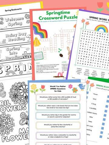 collage of spring printables for kids word games, coloring pages, and more