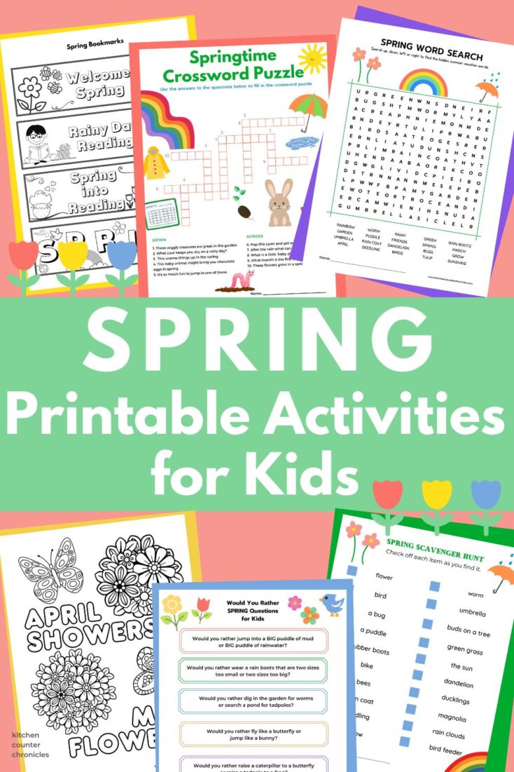 collage of spring printables for kids word games, coloring pages, and more new pin