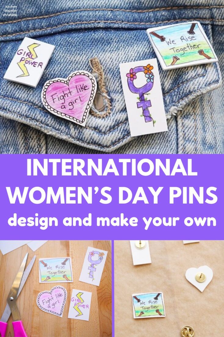 design and make an international women's day pin craft with close up images of pins being made