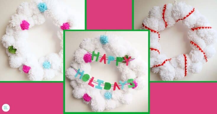 3 different designs of white pompom wreaths for christmas