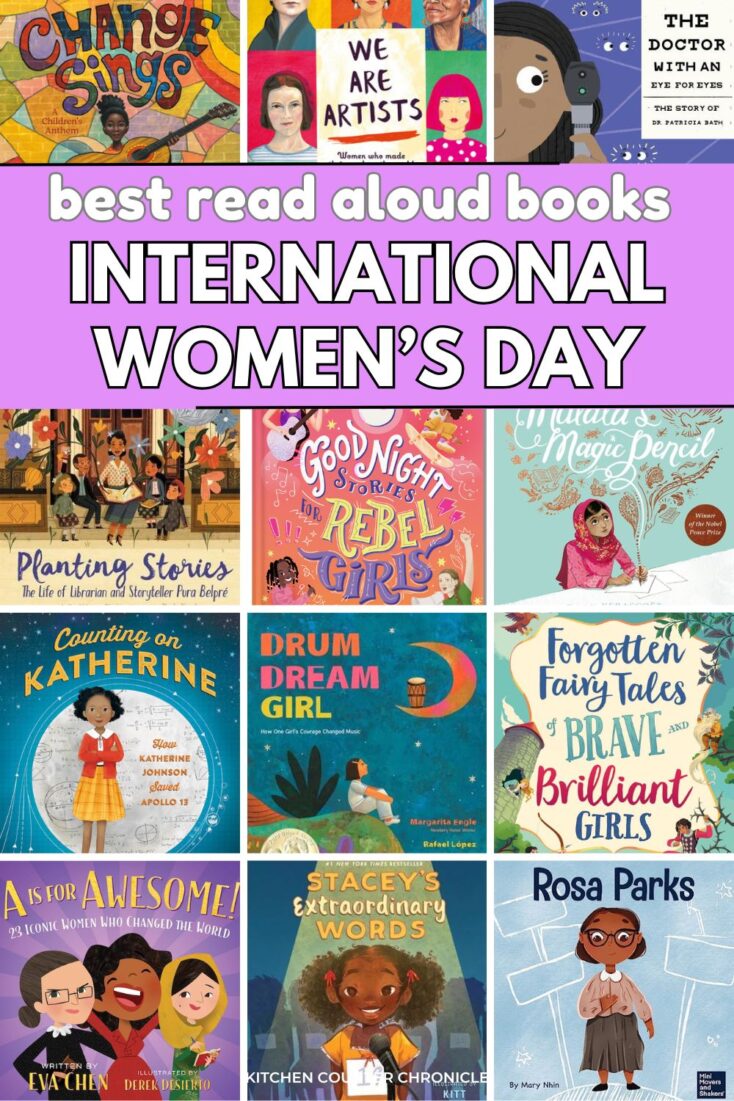 Title the best read-aloud books for international women's day with collage of book covers