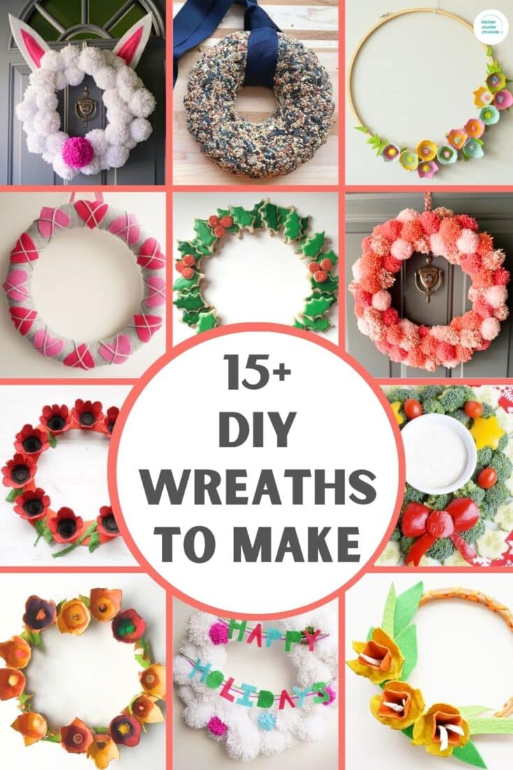 title "15+ creative diy wreaths to make" with collage of 12 wreaths - pom pom wreath, egg carton flower wreaths and more pin image with words