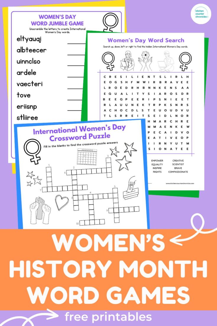 Women's History Month printable games - crossword puzzle, word jumble and word search games