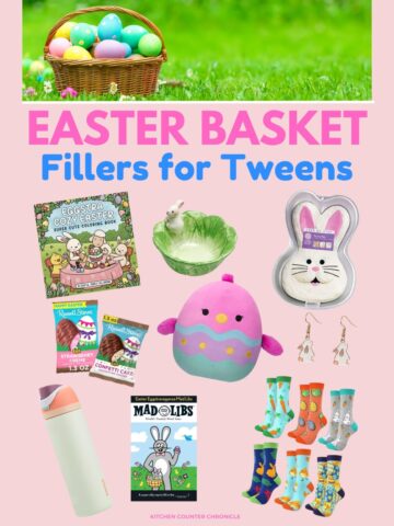 collage of easter basket fillers for tweens