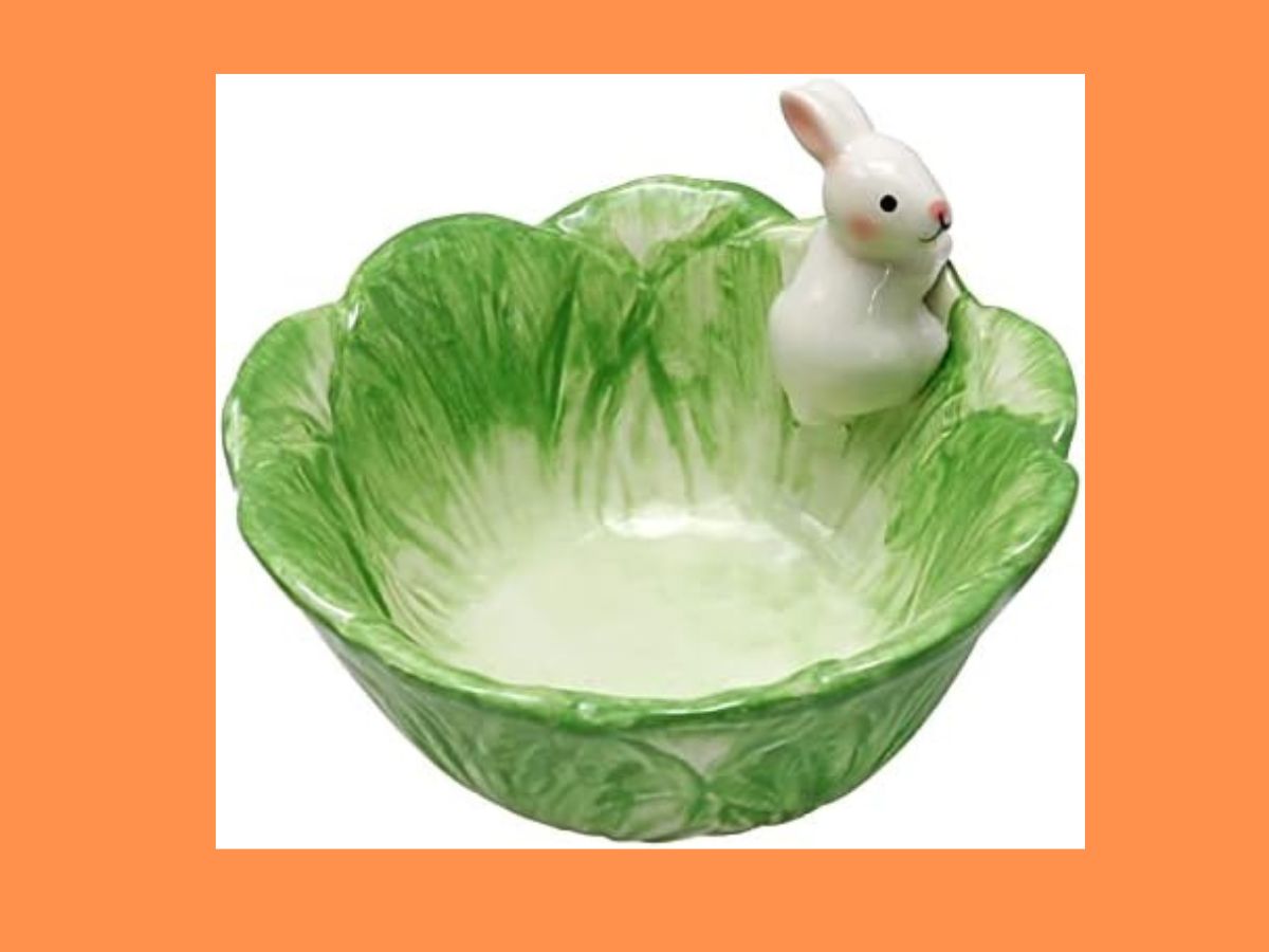 easter bunny bowl with bunny on edge of lettuce