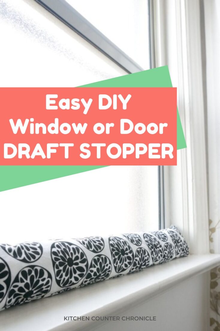 title easy door and window draft stopper with image of draft snake sitting in window