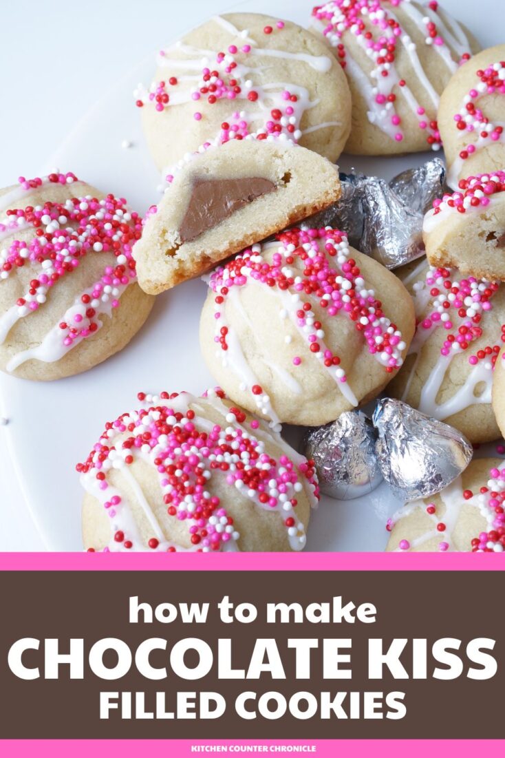 plate filled with chocolate kiss filled cookies decorated for Valentine's Day