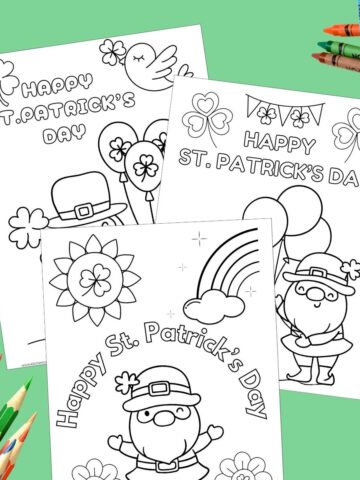 collage of 3 printable st. Patrick's day coloring pages for kids with crayons and pencil crayons