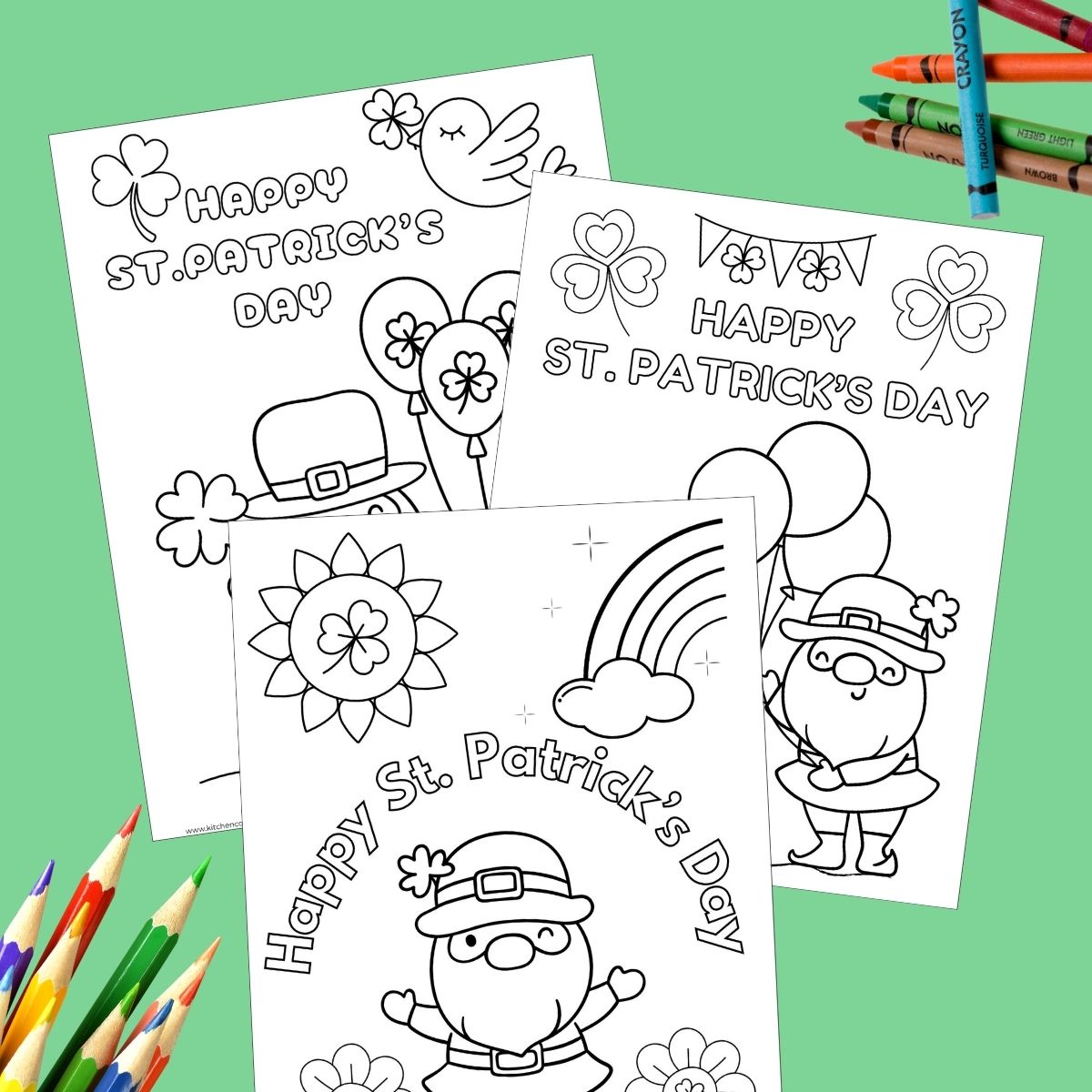 collage of 3 printable st. Patrick's day coloring pages for kids with crayons and pencil crayons