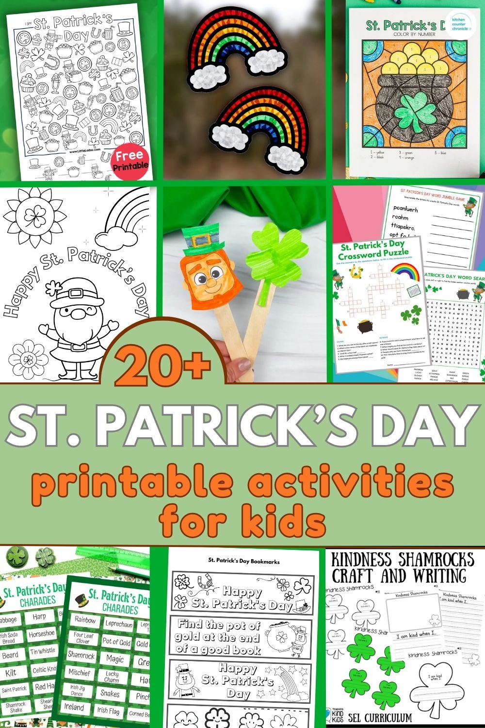 collage of St. Patrick's Day printable activities for kids, games, coloring pages and crafts