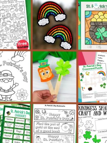 collage of printable st. patrick's day activities and coloring pages and printable crafts