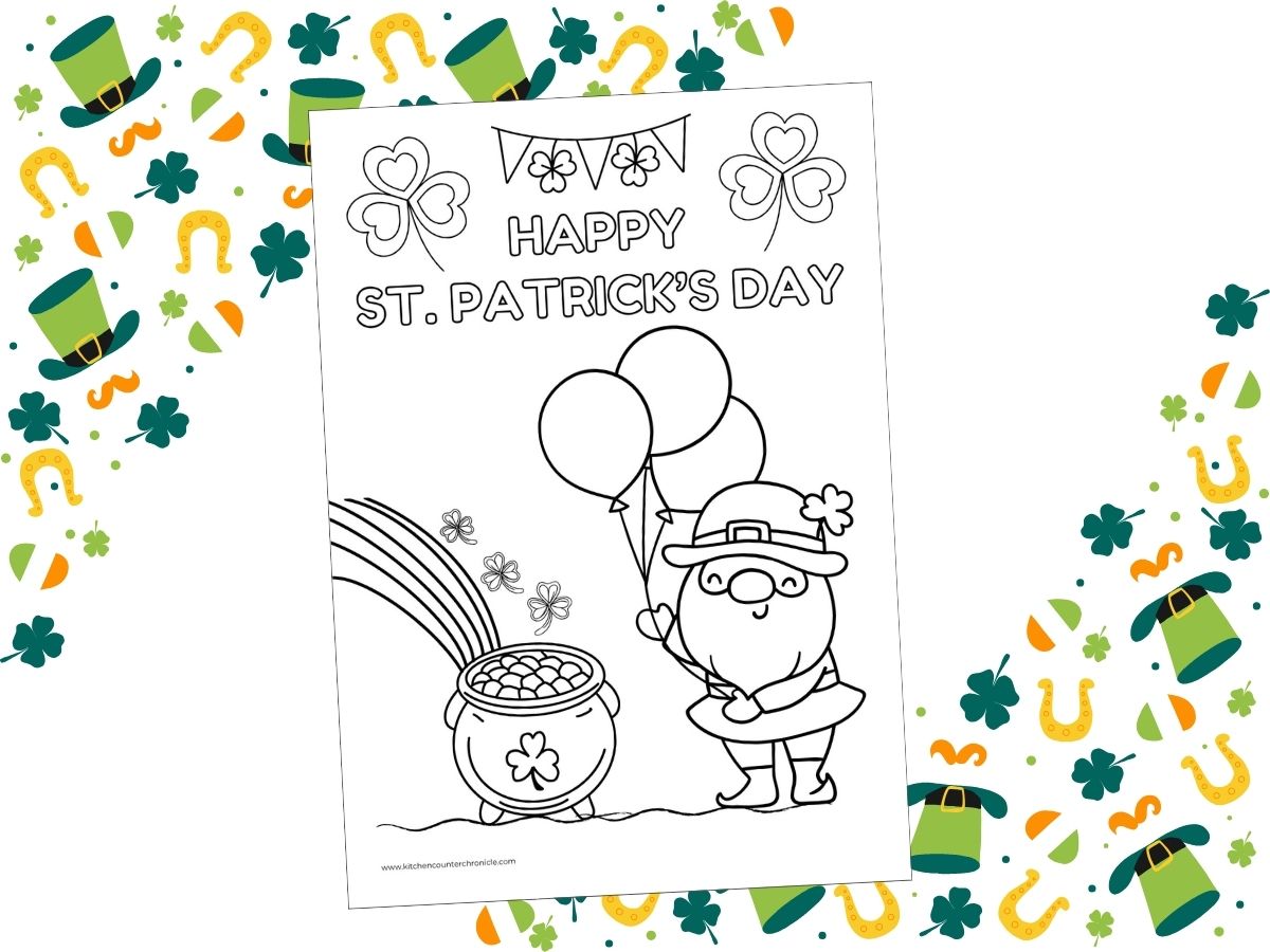 free printable happy st patrick's day coloring sheet with leprechaun and pot of gold and surrounded by horseshoes and ireland flags