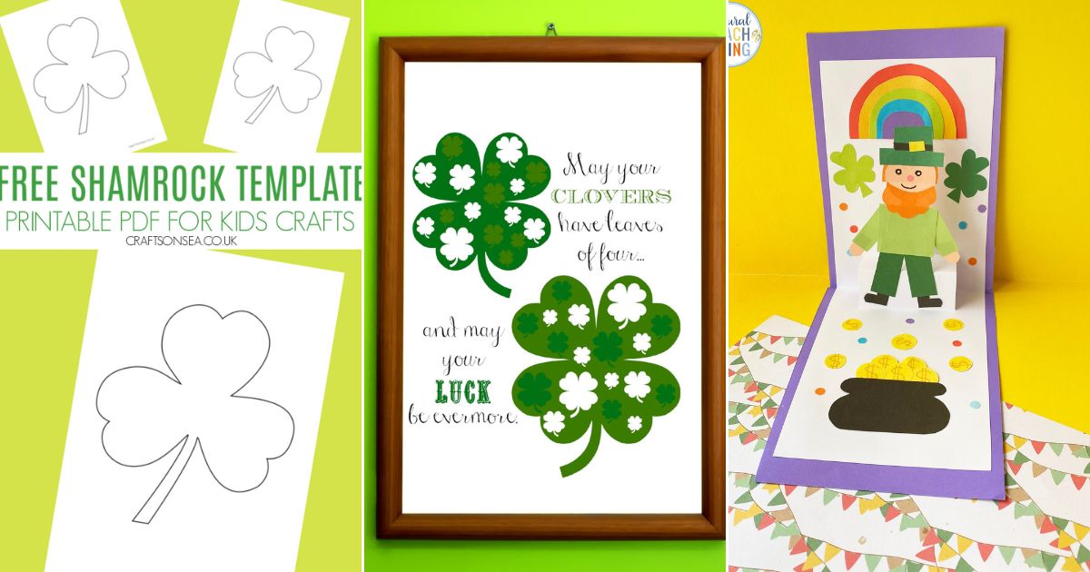 printable shamrock template, st patricks poem and leprechaun pop-up card