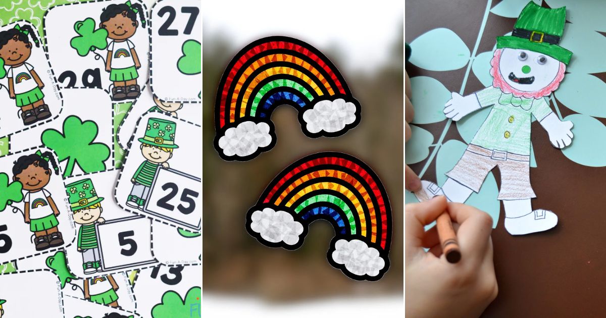 st patricks day number cards, printable rainbow sun catcher, build a leprechaun