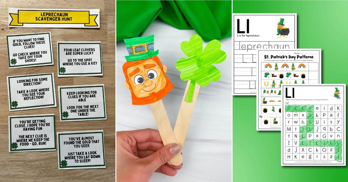 st. patrick's day scavenger hunt, leprechaun puppet and st. patrick's day worksheets