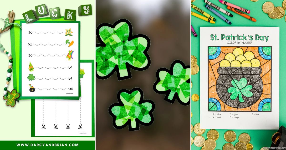 st patricks day cutting cards, shamrock sun catcher, color by number