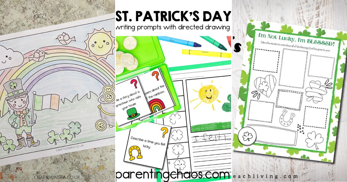 st patrick's printable collage art, st patricks day writing prompts, printable st patricks day journal page