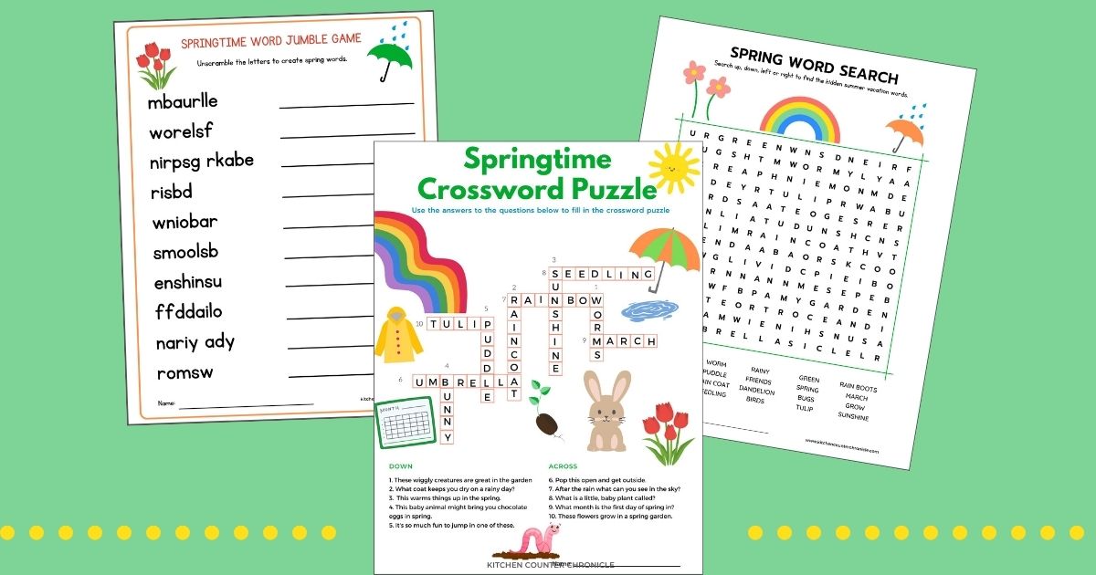 collage of spring crossword puzzle, spring word search and spring word scramble games