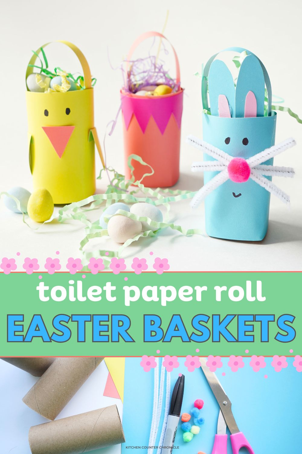 pin title toilet paper roll easter baskets with 3 diy paper baskets a bunny, a chick and a pink basket