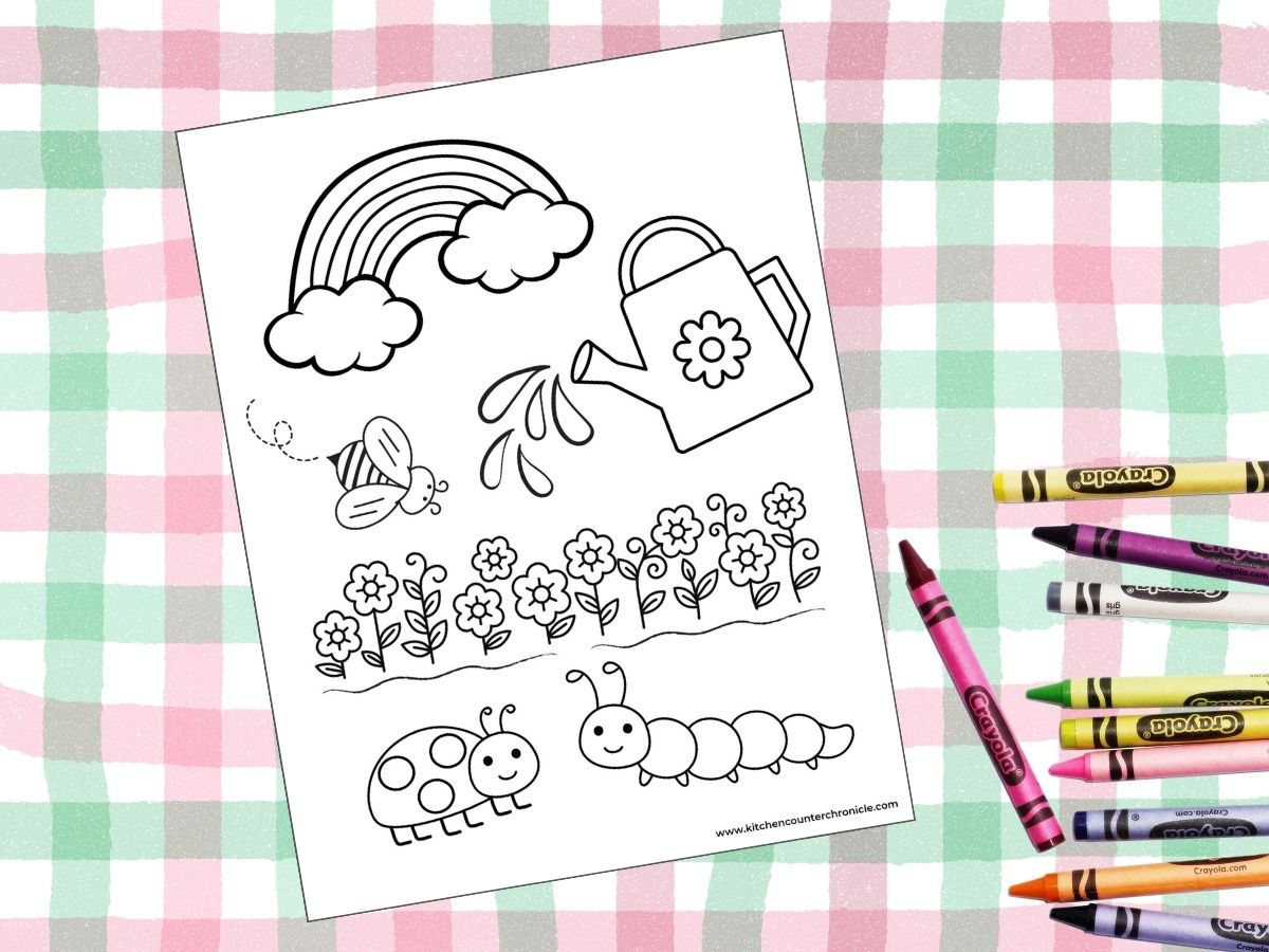 printable spring coloring sheet with bugs and gardening