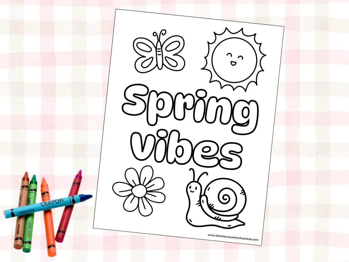 spring vibes coloring page with pile of crayons