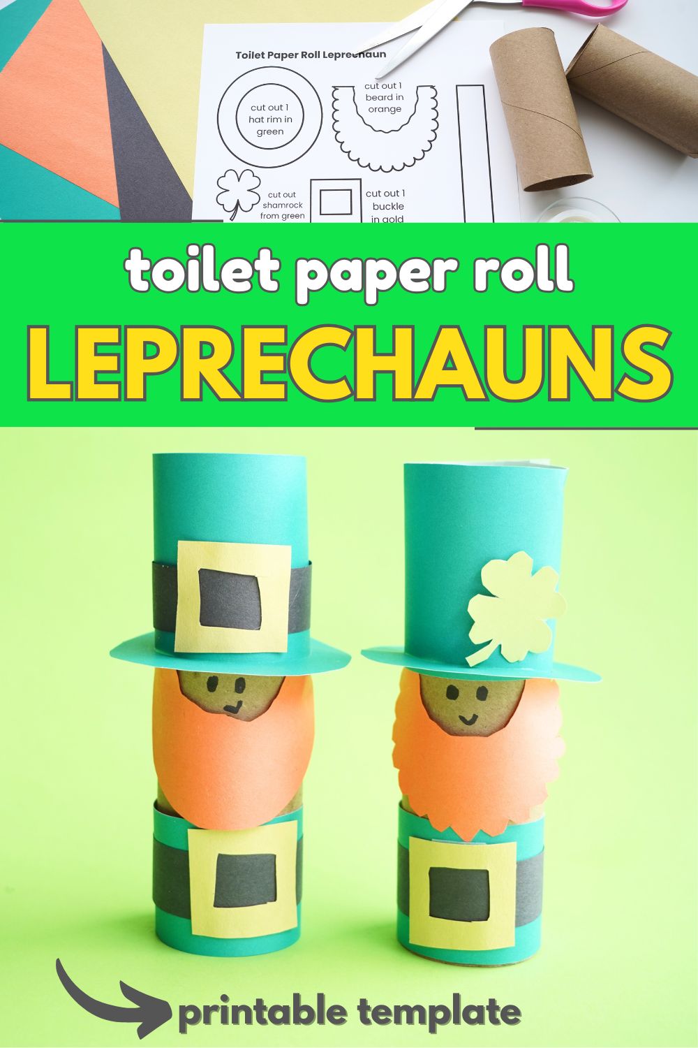 title toilet paper roll leprechauns craft for kids with image of 2 paper leprechauns