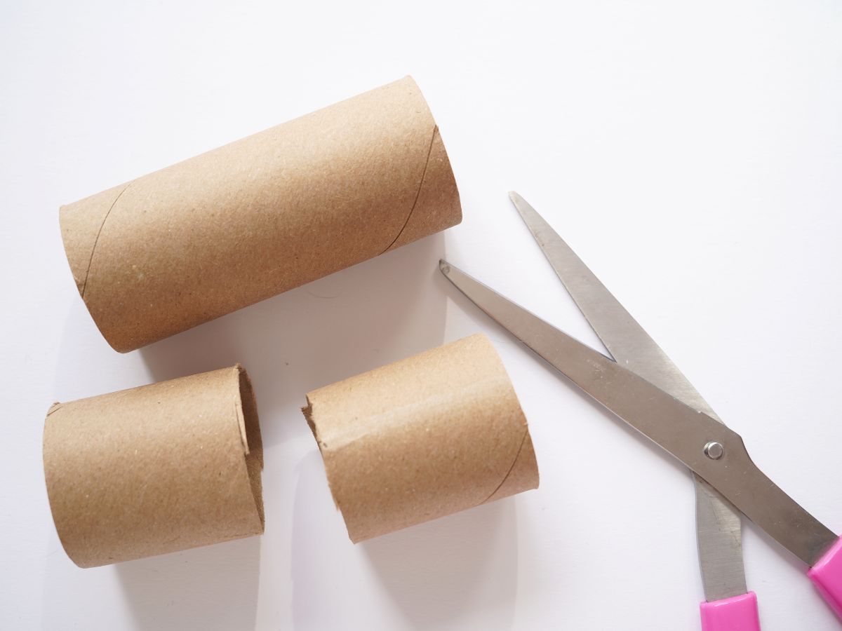 toilet paper roll cut in half with pair of scissors